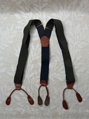 Vintage Pelican Navy & Gold Patterned Leather-Tab Suspenders
